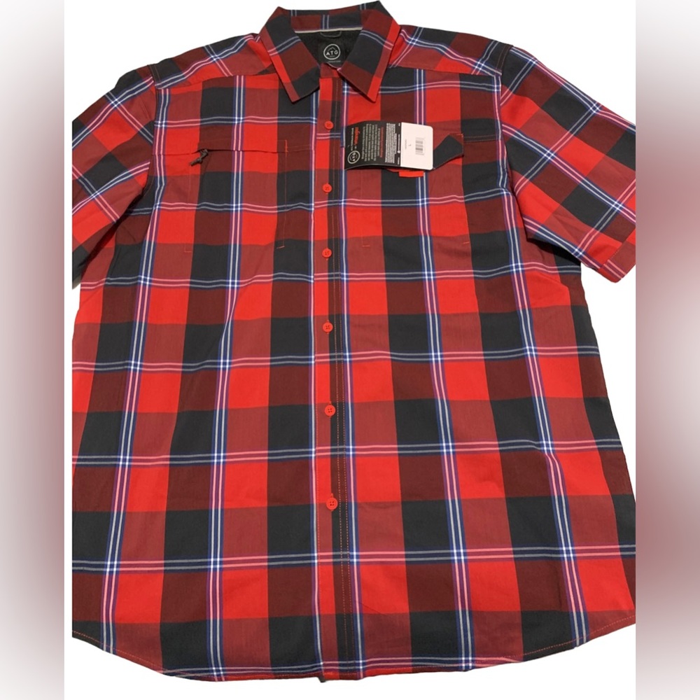 Shirt ATG by Wrangler Men's Red Plaid Asymmetrical Zip Pocket Short Sleeve